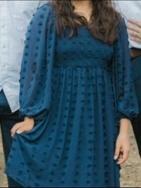 Altr’d State - Blue Swiss Dot Smocked Babydoll Dress | Boho Flowy Puff Sleeve